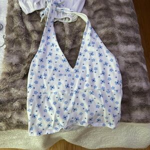 white halter top with blue flowers